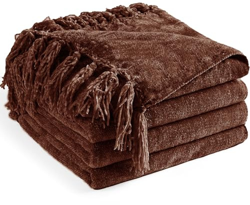 LONG CREATE Manta de felpilla Suave y acogedora con Flecos para sofá, Cama y Silla, Manta Decorativa Ligera Bohemia para Regalo, Color marrón Oscuro