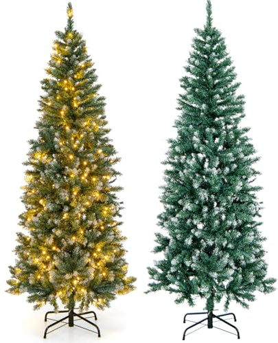 COSTWAY 180 cm Bleistift Weihnachtsbaum mit Beleuchtung, LEDs in warmweiß, künstlicher Tannenbaum mit Metallständer, schmaler Christbaum schneebedeckt, Kunstbaum Weihnachten, Grün+Blau