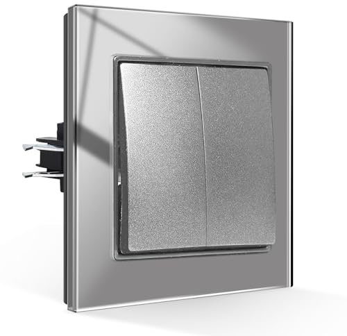 CNBINGO Lichtschalter 2 Fach 2 Weg Glas Lichtschalter Unterputz, Schraubenloser Wippschalter Taktiler Wandschalter Kristall-Wippschalter, Grau