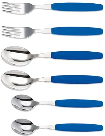 6er Set Giesser Messer Besteck Set je 2 Stück Löffel Teelöffel Gabel, Rostfreier Edelstahl, ergonomischer Griff - Made in Germany - Blau