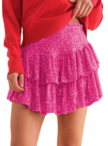 Pailletten Rock mit Shorts, Plissee A Linien Mini Pailletten Rock Glänzender Minirock Dehnbar Faltenrock Partykleid Cocktailkleid Tanzkleid für Damen Mädchen Karneval Cosplay Performance Kostüm