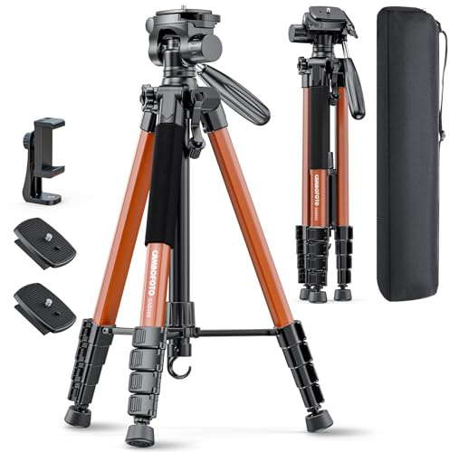 CAMBOFOTO 74-Camera-Tripod, Professional Aluminum Heavy Duty Tripod Stand for Mirrorless Camera/DSLR/Cell Phone/Camcorder, with Holder and Travel Bag (Orange)