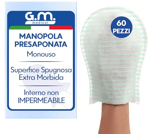 G.M. DISTRIBUZIONE 60 PEZZI - Manopole Saponate Monouso di Alta Qualità (75 gr/mq) con Soffice Spugna, Delicatamente Profumate, Senza Risciacquo, Manopola Presaponata, Guanto per Pulizia Anziani