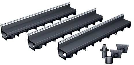 MEA Pack de 3 Caniveaux Extérieurs MEAPARK – Grille à Fente en PP Recyclé + Profil E-Blade L en INOX – Drainage Terrasse, Piscine, Jardin– Classe A15 Piéton – Largeur utile 10 cm