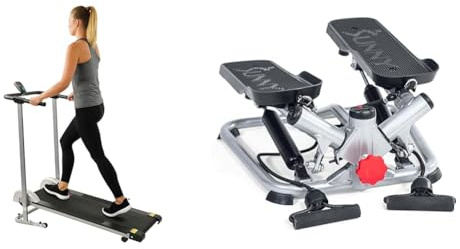 Sunny Health & Fitness Foldable Manual Treadmill, Compact Cardio Fitness + Advanced Twist Stepper Machine with Resistance Bands, Portable Mini Stair Stepper