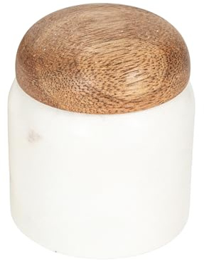 Creative Co-Op Marble and Mango Wood Pinch Pot with Lid, White and Natural