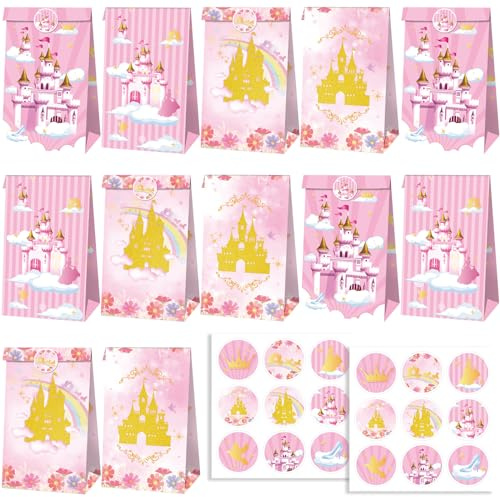 12 stycken prinsessa party papperspåsar godis presentpåsar favorit väskor barns födelsedag godispåsar gåva prinsessa födelsedag bröllop väska rosa prinsessa slott