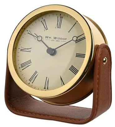 WM.Widdop. Gold Mantel Clock On Light Brown Leather Stand - W2942