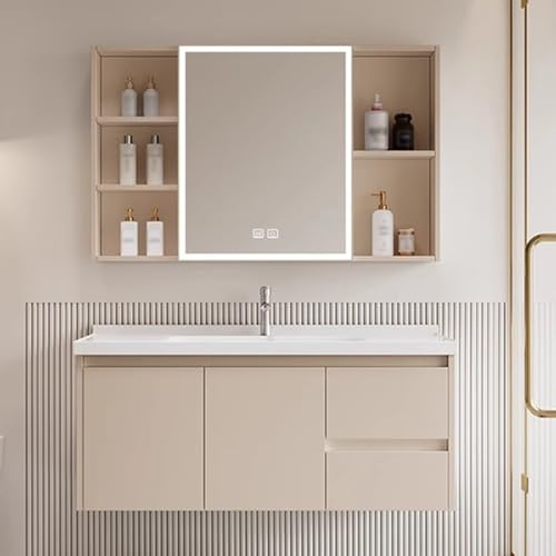 Mobile Bagno Sospeso in Alluminio,lavandino Bagno con Mobile A Specchio Intelligente E Lavabo in Ceramica Mobile da Bagno A Parete Aperto con Rubinetti per Acqua Calda E Fredda con Luce LED