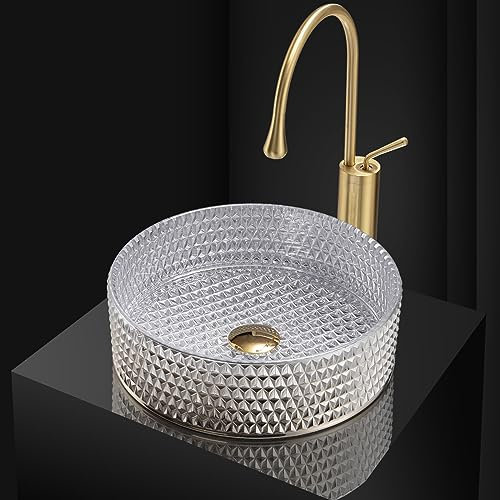 sopra Il lavabo, Lavandino da appoggio for Bagno, lavabo da appoggio in Vetro con placcatura Rotonda e Rubinetto a Cascata con Finitura cromata, Combinazione Oro(Silver)