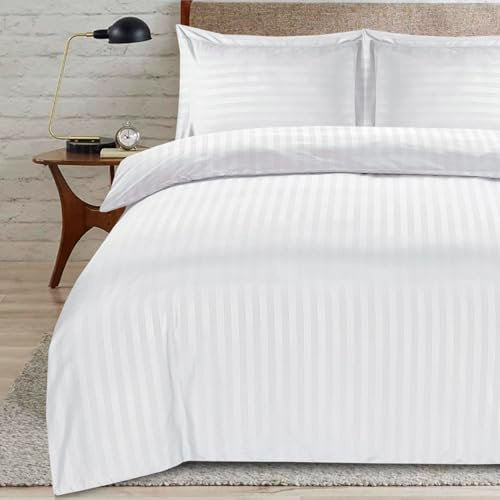 ZZZMRH Premium Quality Double Duvet Set with Satin Stripes, Soft Breathable Duvet Cover with 2 Pillowcases, Hypoallergenic Reversible Bed Cover (White)