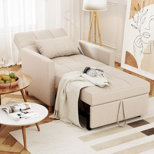 YODOLLA Schlafsessel, 3-in-1 Ausziehbares Schlafsofa mit Bettfunktion, Umwandelbarer Schlafstuhl Verstellbarer Einzelsessel mit Seitentasche, für kleinen Raum, Wohnzimmer (Beige)