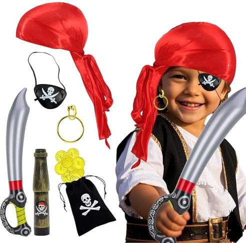 XDGBGFN 7-teiliges Piraten Kostüm Zubehör Set mit Kopftuch, Augenmaske, Ohrringe, Aufblasbarem Messer, Teleskop, Geldtasche und Goldmünzen - Piraten Accessoires für Karneval & Party