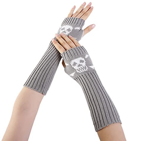 GMBYLBY Dehnbare Handarmstulpen, fingerlose Totenkopf-Handschuhe, gestrickt, Halbfinger, Fahrhandschuhe, Cosplay, Party, warm, weich, hellgrau, M