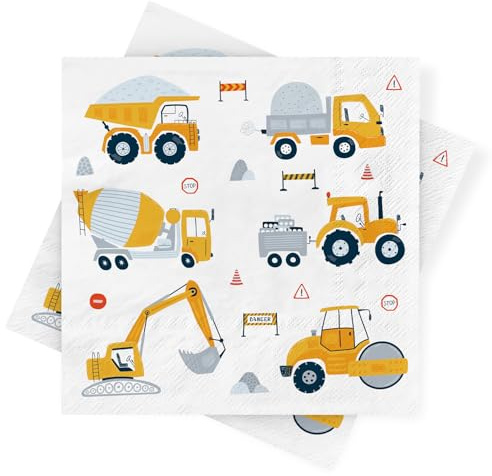 Set med 40 pappersservetter, byggarbetsplats, servetter, grävmaskin, födelsedagsdekoration, engångstraktorservetter för födelsedag, barnkalas, pojke, flicka, 33 x 33 cm