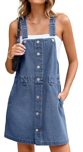 Glamaker Damen Denim Overall Kleid Jeans Ärmellos 2025 Mini Latzhose Casual Knopf Kleid mit Tasche, Blau, Klein