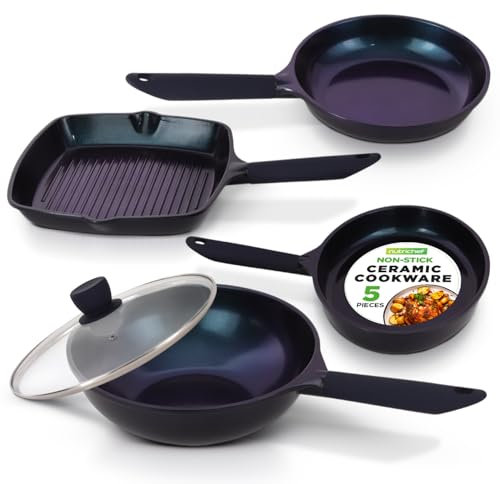 NutriChef Lot de 3 Poêles + 1 Wok Céramique Antiadhésif avec Couvercle en Verre – Batterie de Cuisine Résistante aux Taches, Sans PTFE/PFOA/PFOS – Diamant Bleu