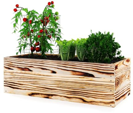 Lermowoood Hochbeet aus Holz 120x40x30 cm Geflammt – Pflanzkasten für Gemüse & Kräuter – mit Agrovließ – steckbar & stapelbar- Aussenbereich ideal für Garten, Balkon & Terrasse