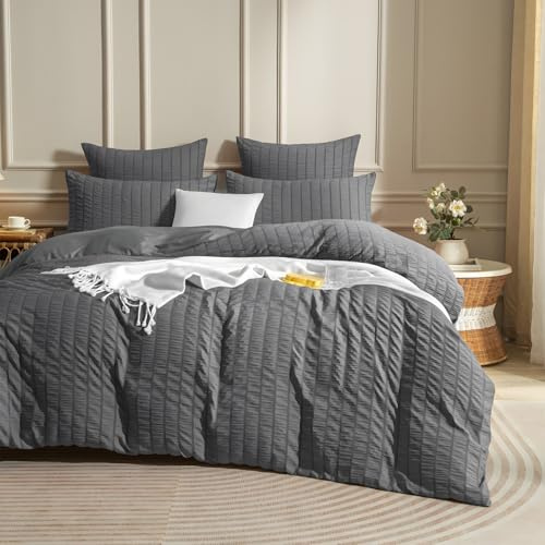 Luowei Seersucker Bettwäsche 200x220cm Grau Geprägt Gestreift WendeBettbezüge 3teilig Modern Weich Atmungsaktiv Oeko-TEX Bettwäsche-Sets mit Reißverschluss und 2 Kissenbezüge 80x80 cm