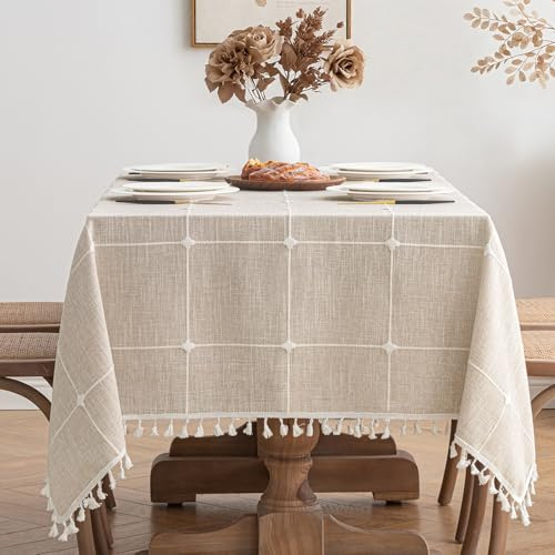 MIULEE Tischdecke Leinenoptik Khaki Boho kariert 1er Set 140x100cm | Tischdecke Abwaschbar Table Cloth Boho Tischdecke Quadratisch für Küchentisch und Outdoor Tischtuch