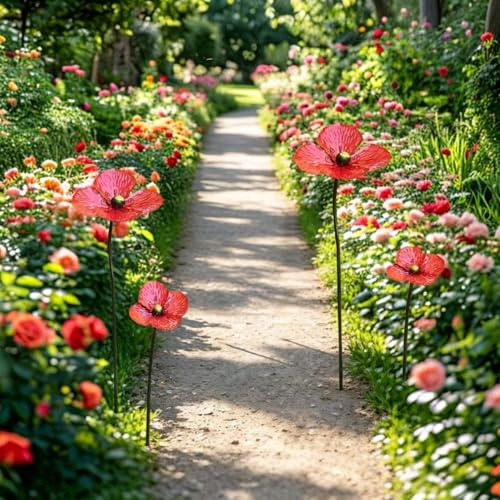 WEENINE Klassische Metall-Gartenstecker mit bunten Mohnblumen, Outdoor-Dekoration für Frühling und Sommer, langlebiges, wetterbeständiges Design, Gartendekorationen, Skulpturen, Rot, 2 Stück