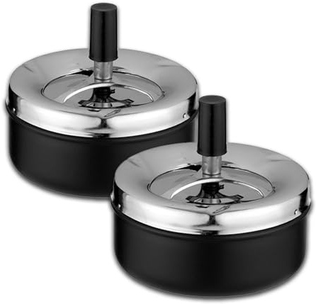 2x Schleuderaschenbecher ⌀ 11 cm Set | Farbe: Schwarz | Aschenbecher groß für draussen mit Deckel Outdoor