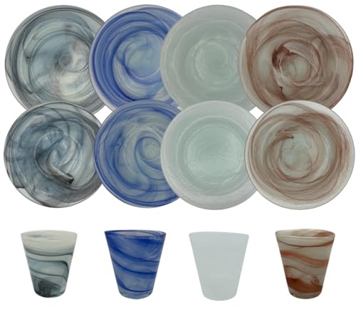 Omniacasa, Service d'assiettes 12 pièces pour 4 personnes avec verres à eau en verre de Murano, fabrication artisanale, décorées avec effet vagues, multicolore, fabriqué en Italie, élégant, idée