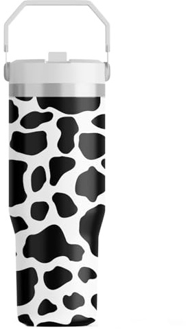 FOLAI Leakproof Flip Water Tumbler,30oz Stainless Steel Hot and Cold Water Bottle with Ergonomic Handle and Straw Keeps Cold For 12+ Hours,Ideal for Gym,Car,Beach-Easy to Carry Travel Mug(Cow pattern)