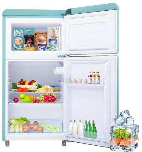 Frigorífico retro, doble puerta, volumen total 72L, compartimento congelador 21L, clase energética E, 120 kWh/año, iluminación LED, 3 estantes ajustables.,Blue