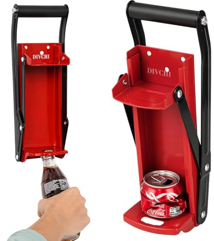 DIVCHI Can Crushers 2-in-1 Heavy Duty – Wall Mounted 16oz/500ml Beer & Soda Can Crusher with Built-in Bottle Opener, Bend-Resistant Steel, Non-Slip Grip Handle, Easy Install – Red