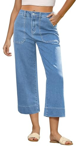 Roskiky Capri Jeans for Women UK High Waisted Wide Leg Strechy Loose Straight Cropped Denim Jeans Pants with Pockets