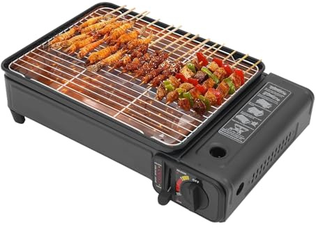 Barbacoa de gas portátil 2 en 1, 2,2 kW, con doble placa y maletín | Encendido piezoeléctrico, llama ajustable, seguridad sobrepresión, bandeja recogedora, cocción rápida y uniforme