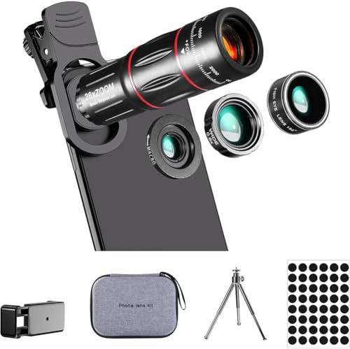 Xnuiasqe Kit de lentes para cámara de teléfono, versión actualizada, teleobjetivo 28X, gran angular 0,6X, macro 20x, ojo de 198° para la mayoría de los smartphones