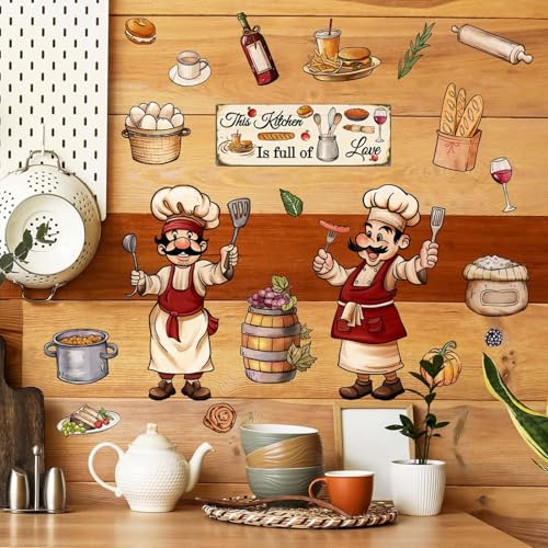 FUFUQUARE Adesivi Murali Cucina Chef Cartone Animato Sticker da Muro Vintage Decorazione Murale Rustica Utensili Cibo Adesivi da Parete per Ristorante Sala da Pranzo Caffetteria