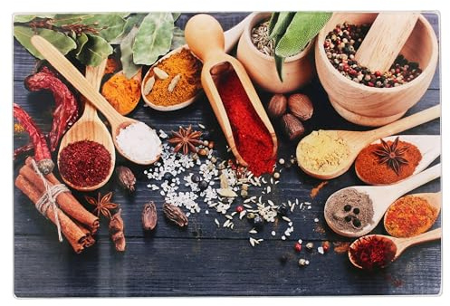 MamboCat Schneidebrett aus gehärtetem Glas mit Gewürz-Dekor I (LxB) 30x20 cm I Kratzfest & hygienisch I Glas Servierplatte für Fleisch, Fisch, Gemüse & Obst mit Anti-Rutsch Füßchen