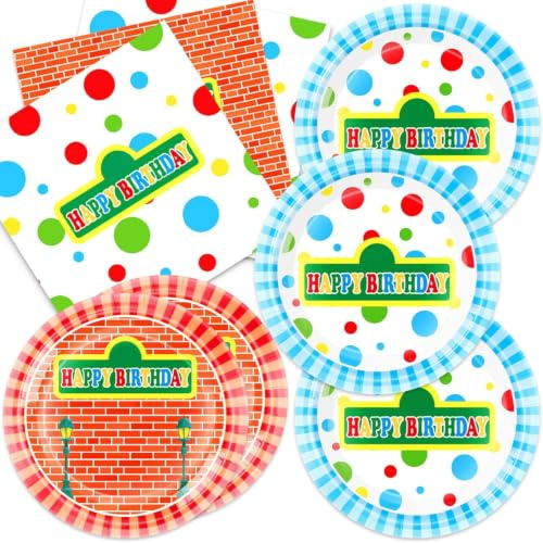 MASGY 40pcs Sesame Friends Theme Party Supplies,Include 20 Dessert Plate,20 Napkin,Used for Cookie Birthday Party Decoration (Blue13)