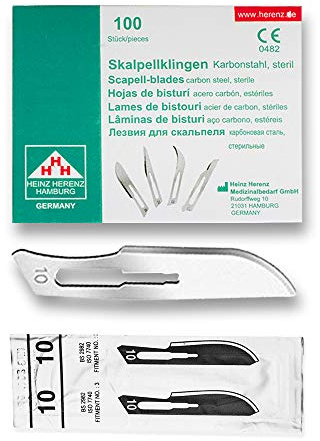 May Skalpellklingen Figur 10 inkl. Abzieher Halter 3 100 Stk | 100 sterile Ersatzklingen. Deutsche Markenqualität aus Karbonstahl für Handwerk und Fußpflege. Inklusive Klingenabzieher.