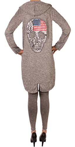 Fashion You Want Damen Cardigan Größe 38/40 bis 48/50 verfügbar offener Cardigan Strickjacke Bolero Poncho Blazer mit Trendmotiv Stern Anker Totenkopf Skull (38/40, Skull USA grau)