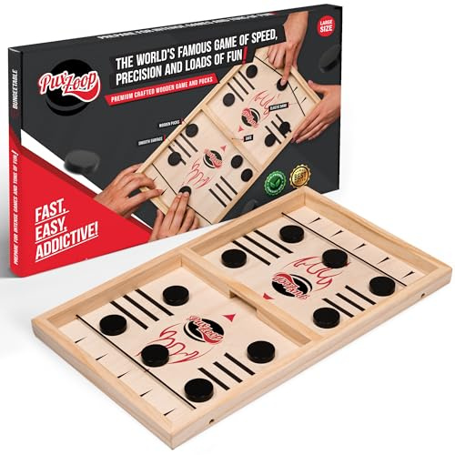 PuxZoop Fast Sling Puck Game - Large Size - Test Your Speed and Accuracy with This Fast-Paced Wooden Air Hockey Board Game - Guaranteed Fun for Family Night or Friends Party