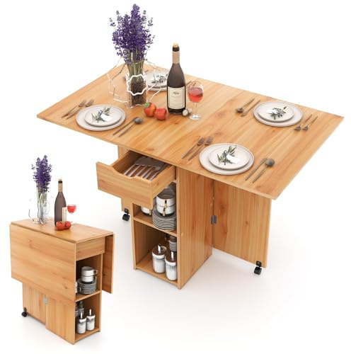 RELAX4LIFE Tavolo da Pranzo con Ante Ribaltabili e Ruote, Tavolo da Cucina Pieghevole con 2 Mensole di Stoccaggio e Cassetto, Console Espandibile Multifunzionale, Naturale