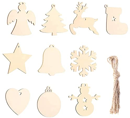 Wooden Christmas Tree Decorations, Pack of 100 Wooden Christmas Tree Decorations, DIY Wooden Chip Pendants with Rope, Christmas Tree Decorations