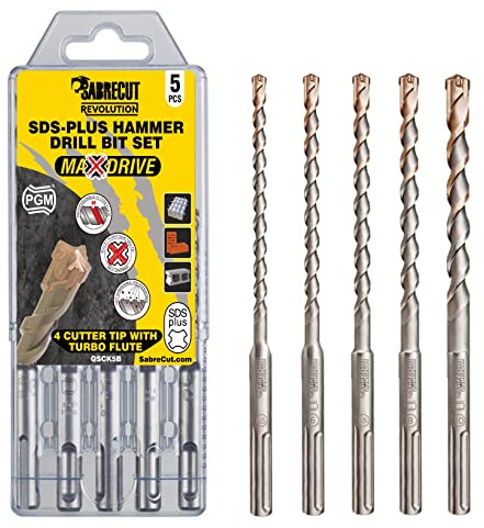 SabreCut 5pcs QSCK5B 160mm 5.5mm 6mm 6.5mm 8mm 10mm SDS+ Drill Bits | Full carbide 4 cutter tip and vortex flute drill rebar, stone, concrete, brick and block with long service life