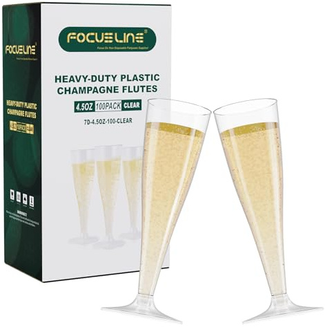 FOCUSLINE 100 Pack 4.5 Oz Plastic Champagne Flutes, Clear Plastic Champagne Glasses, Disposable Toasting Glasses Recyclable Cups for Wedding Party