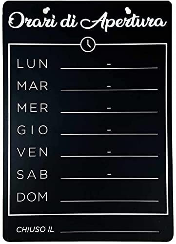 Social Crazy - Cartello Segnaletico Orario di apertura tipo lavagna - Adesivo Extra Resistente, Pannello in Alluminio 20x31 cm, moderno, Nero