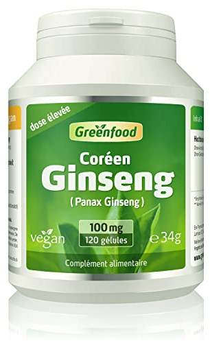 Greenfood Ginseng coréen (ginseng rouge), 100 mg, 120 gélules, dose élevée - extrait de racine avec 30% de saponines. Sans additifs artificiels, Sans génie génétique. Vegan.