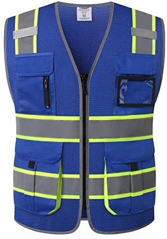 JKSafety 9 Pockets Hi-Vis Mesh Safety Vest for men and women | Chaleco reflectante de seguridad | Zipper Front | Multiple Pockets | Class 1 (140-Blue XL)