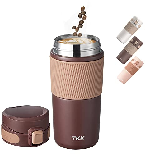 TKK Thermobecher 450ml auslaufsicher Travel Mug Edelstahl Kaffeebecher to go Isolierbecher hält 6h heiß, 6h kalt Braun 2001