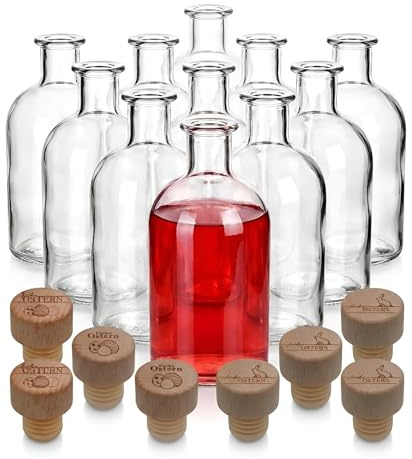 gouveo 12er Set Glasflaschen 250 ml (0,25 l) Apothekerflasche rund mit Holzgriffkorken graviert „Frohe Ostern“ Motiv-Mix – leere Likörflaschen, Deko- & Abfüllflaschen aus Klarglas