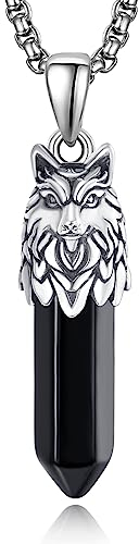 KATHLU Wikinger Halskette für Männer und Frauen, 925er Sterlingsilber, Wikinger Kette mit nordischem Anhänger Tiermotiv coole Halskette Wikinger Geschenke (Black Onyx Wolf)