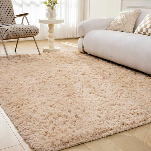 OMERAI Beige Waschbar Teppich Wohnzimmer - Hochflor Flauschig Carpet | 150X240CM Teppich Fellteppich Kunstfell Wohnzimmer Kinderzimmer Anti-Rutsch Unterseite Shaggy Weich Teppiche